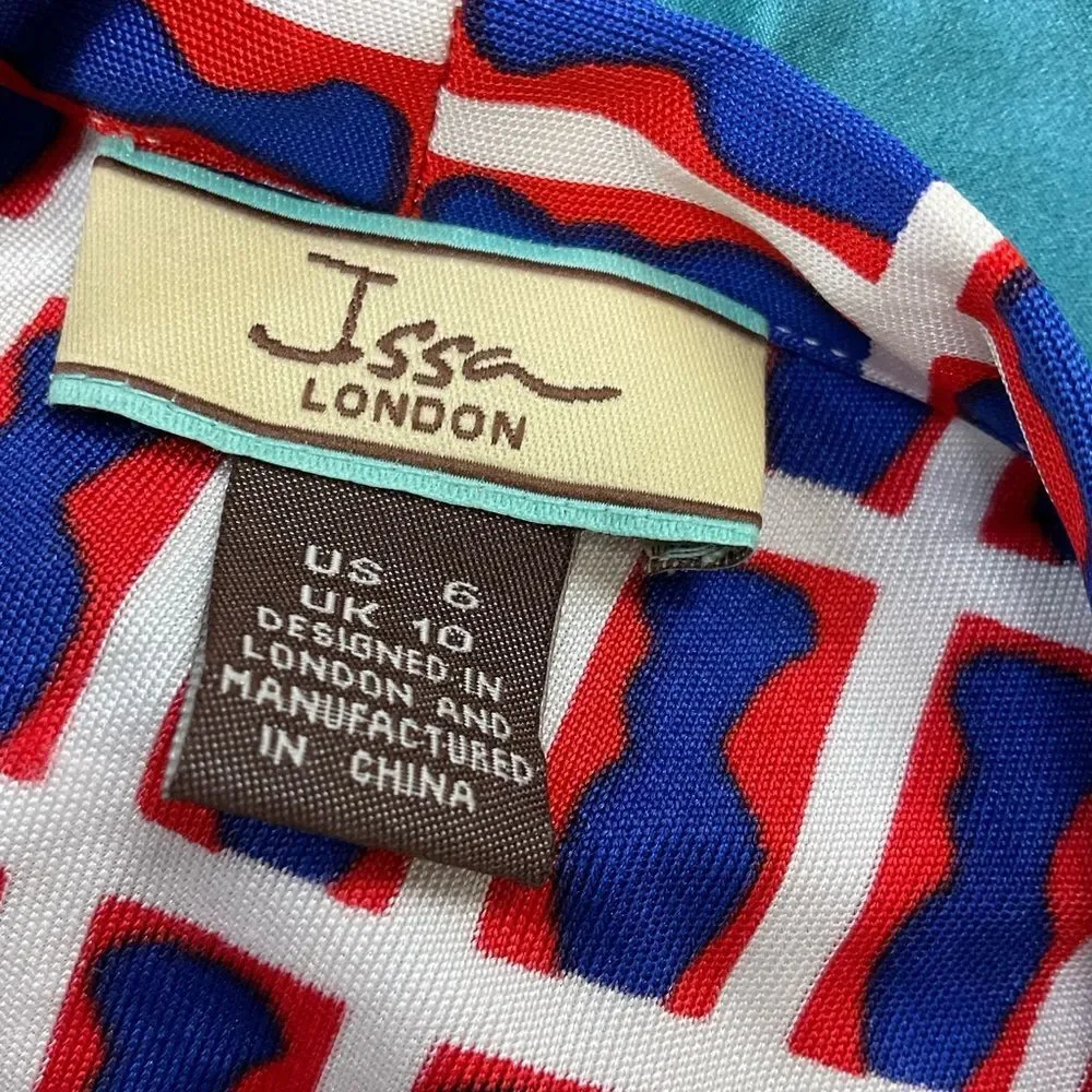 Issa London Blue Red White Geometric 100% Silk Long Sleeve Dress Size 6